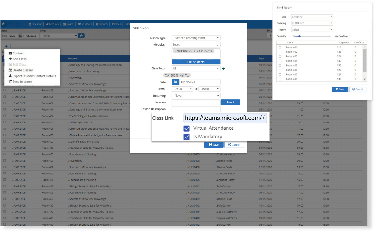 schedule blended learning classes with sync to Microsoft Teams and room capacity management