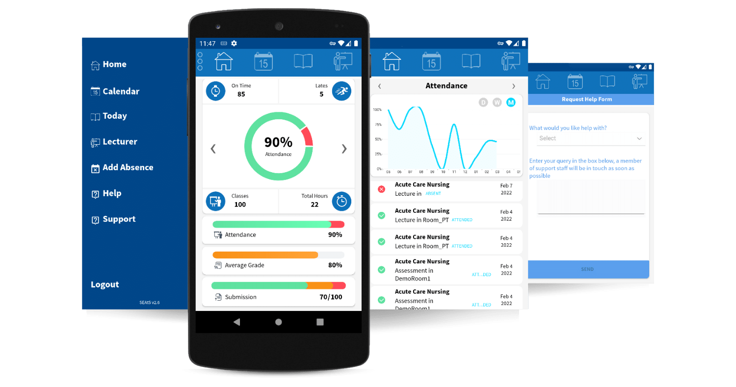 student mobile app with menu, attendance drilldown and request help form
