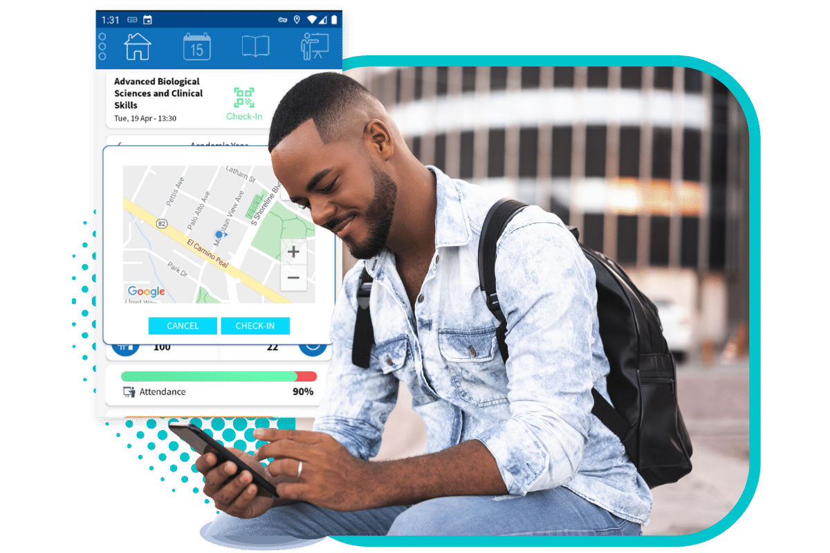 student on mobile app checking into class via gps