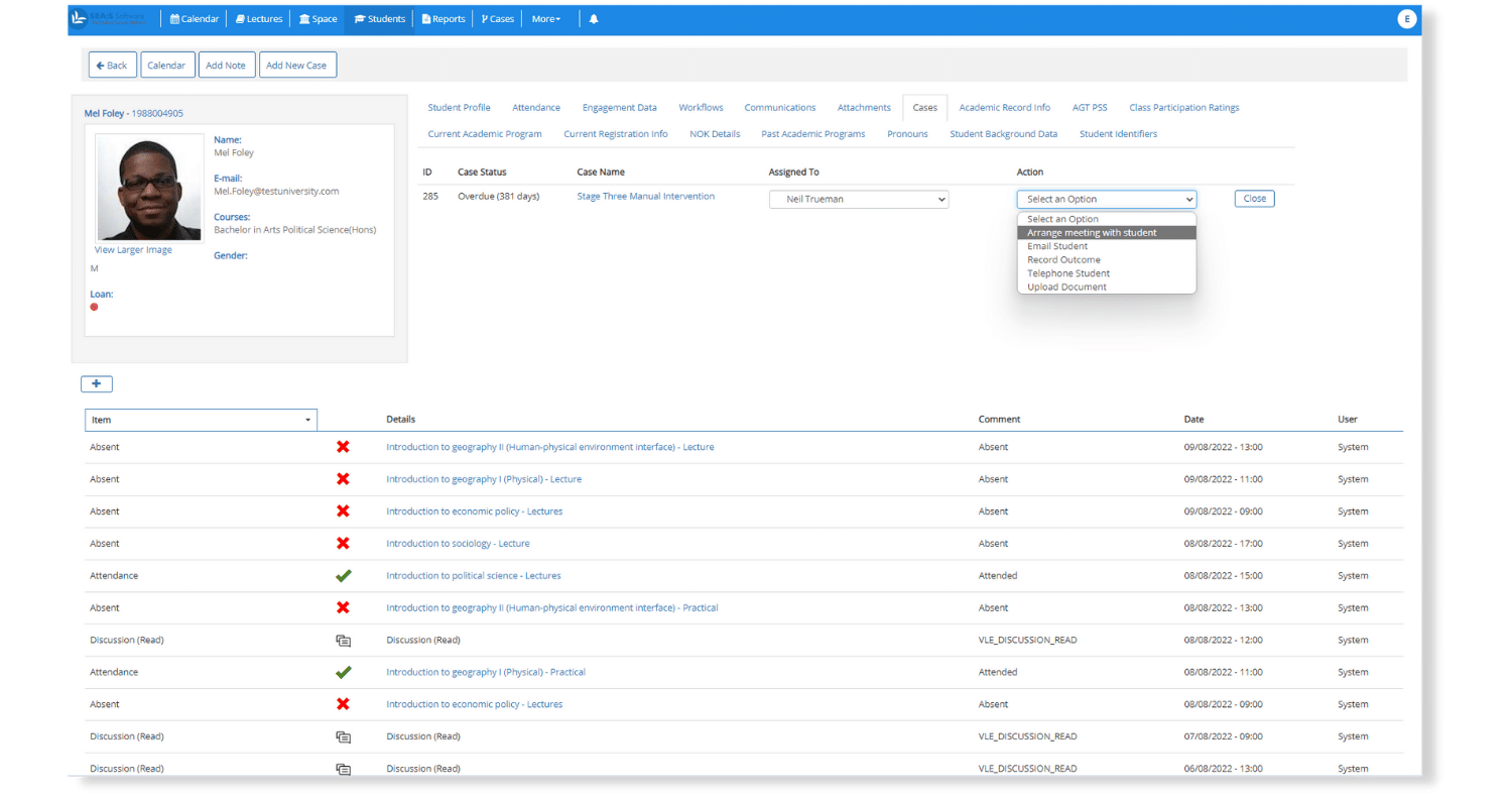 student profile with case management actions and activity trail