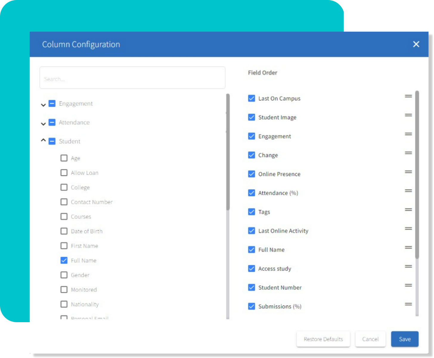 Column configuration for personal tutor dashboard