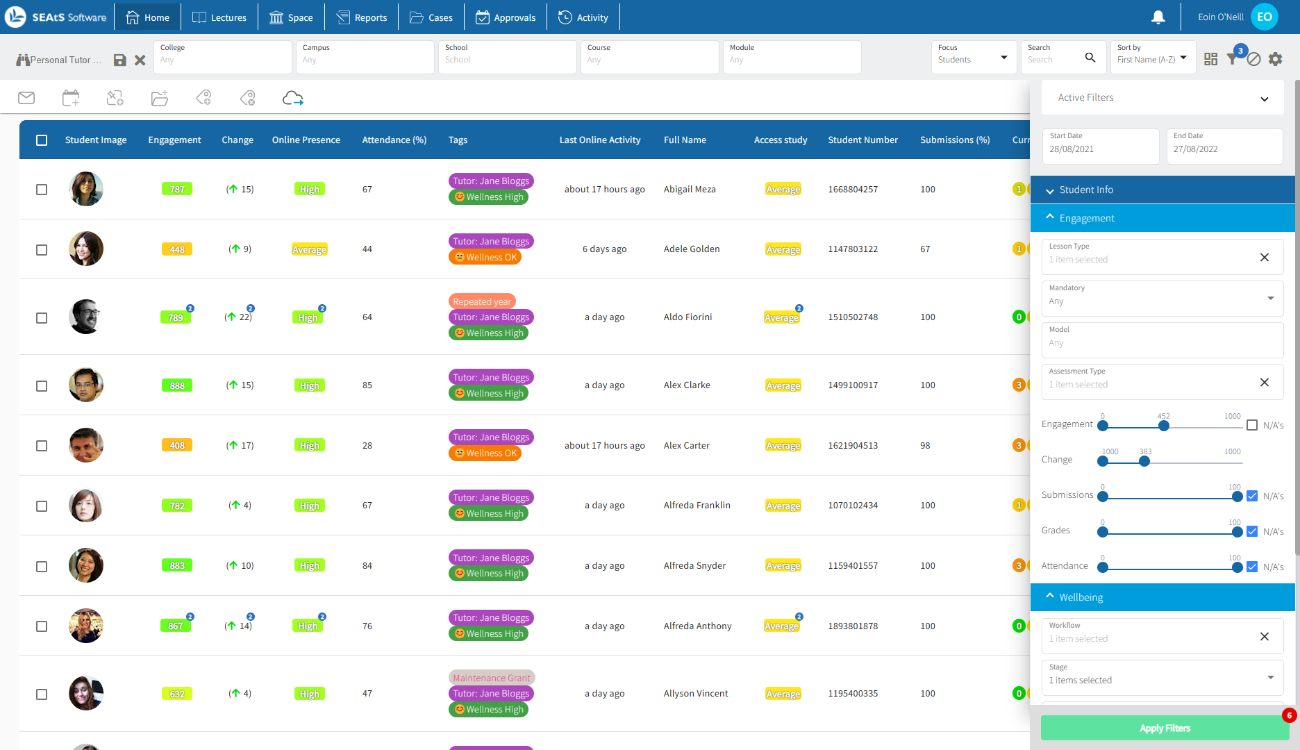 Personal Tutor Dashboard with filter builder