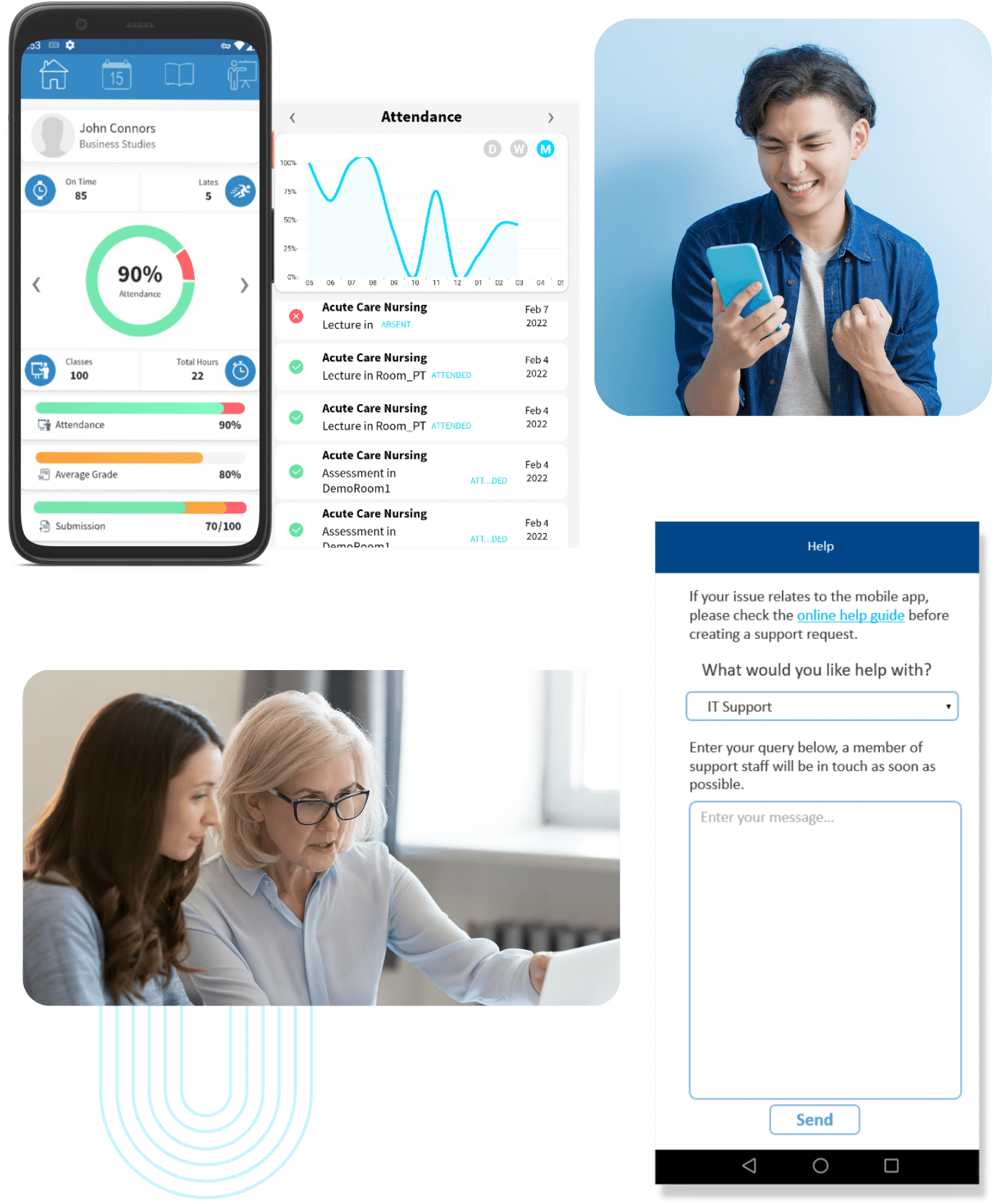 SEAtS Mobile App with homepage, attendance record, and request help form