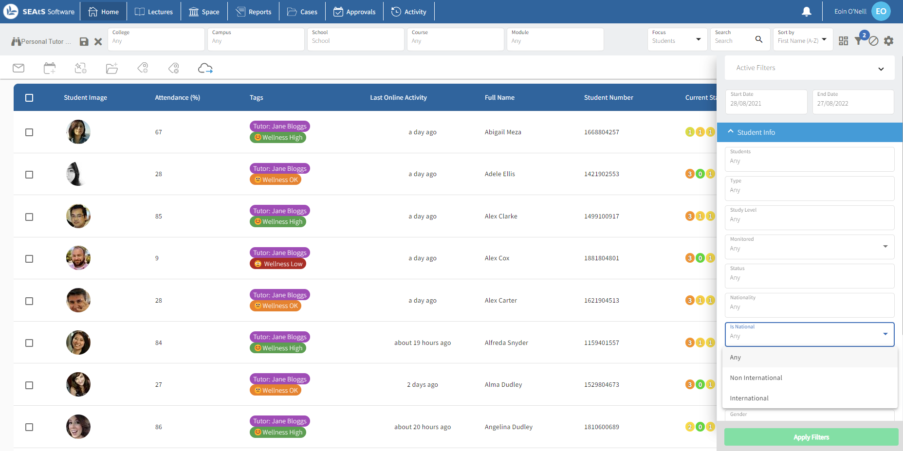 SEAtS Student Engagement Dashboard with international students selected from filter for efficient visa compliance monitoring