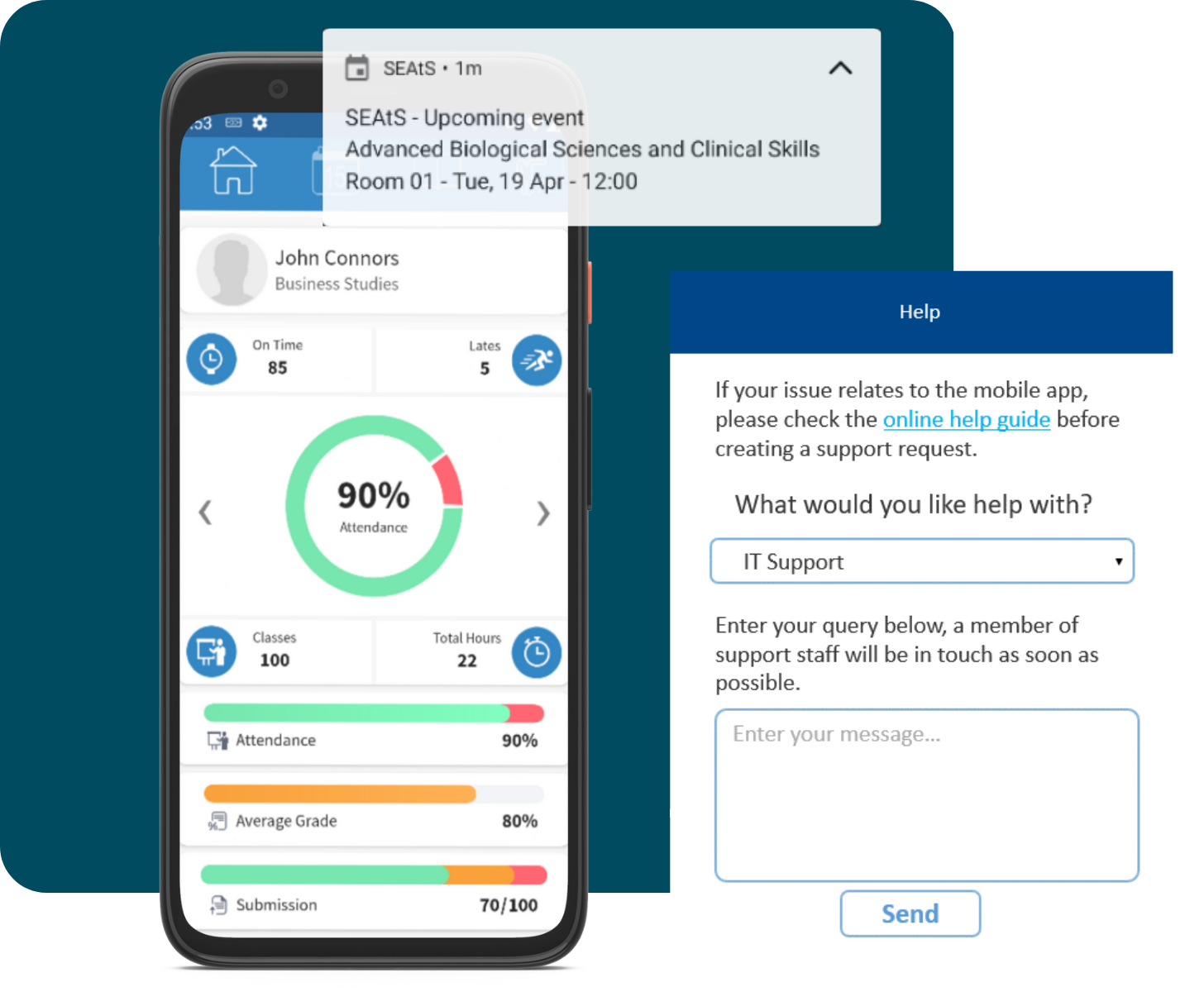 SEAtS Student Mobile app with engagement metrics, event notifications, and request help screen
