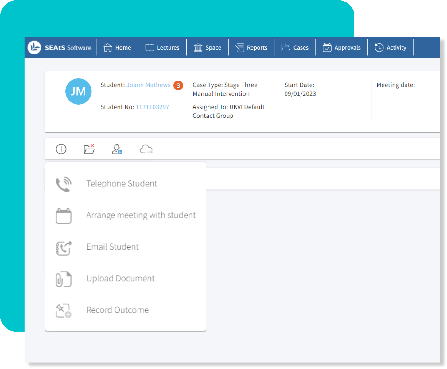 Student visa compliance workflow stage with actions for next steps