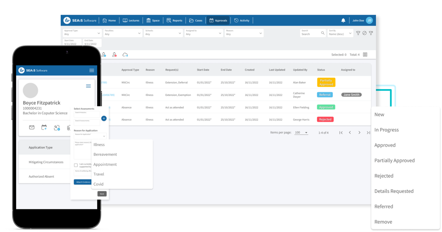 Mitigating circumstances request management with student mobile app and web dashboard with status options.