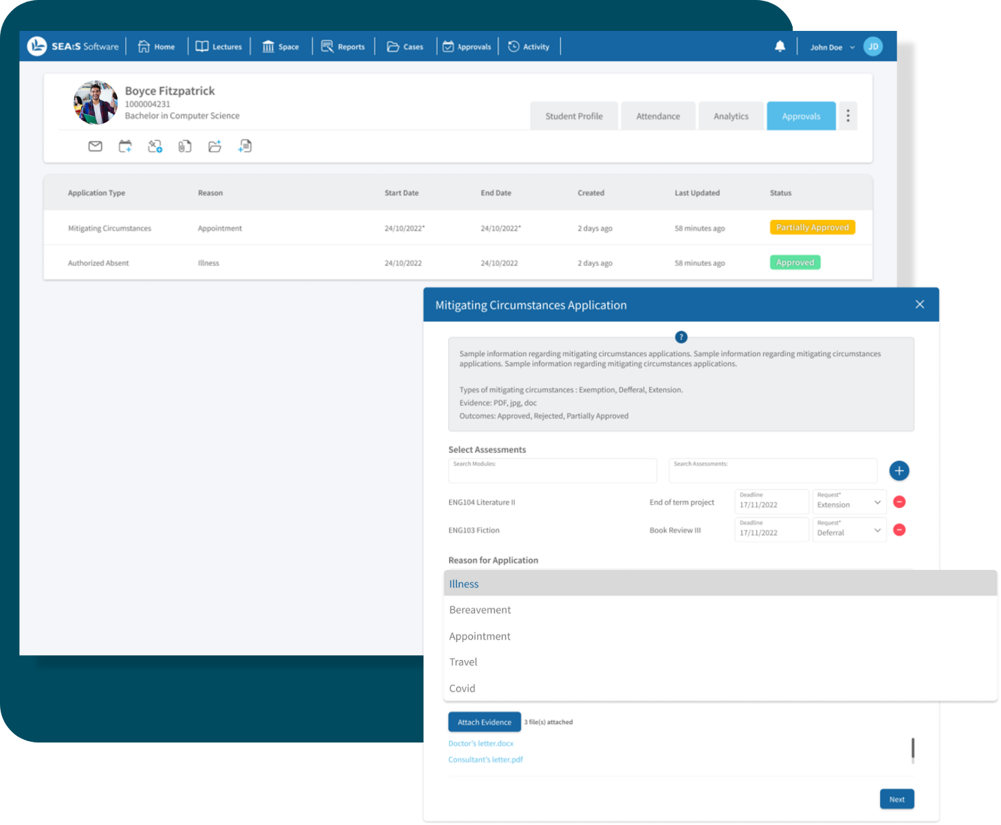 Student Approvals tab with status of mitigating circumstances requests and reasons