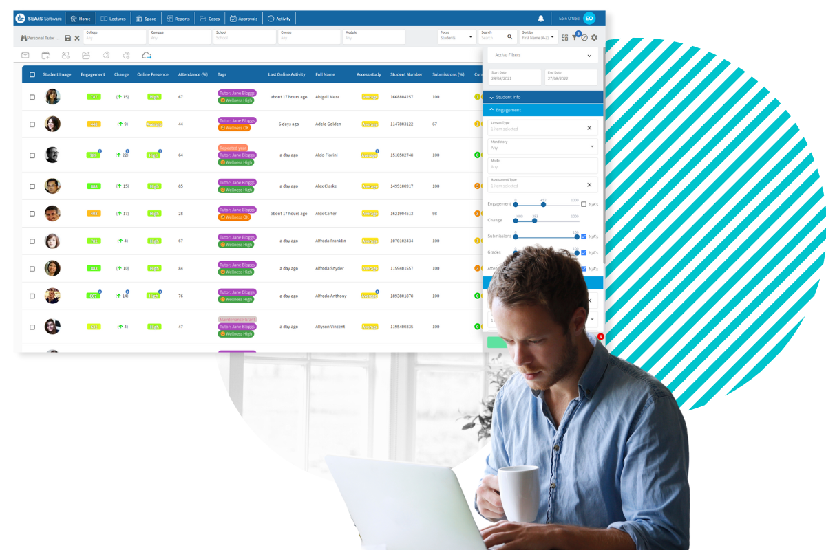 Student administrator looking at student engagement dashboard with canvas lms connector