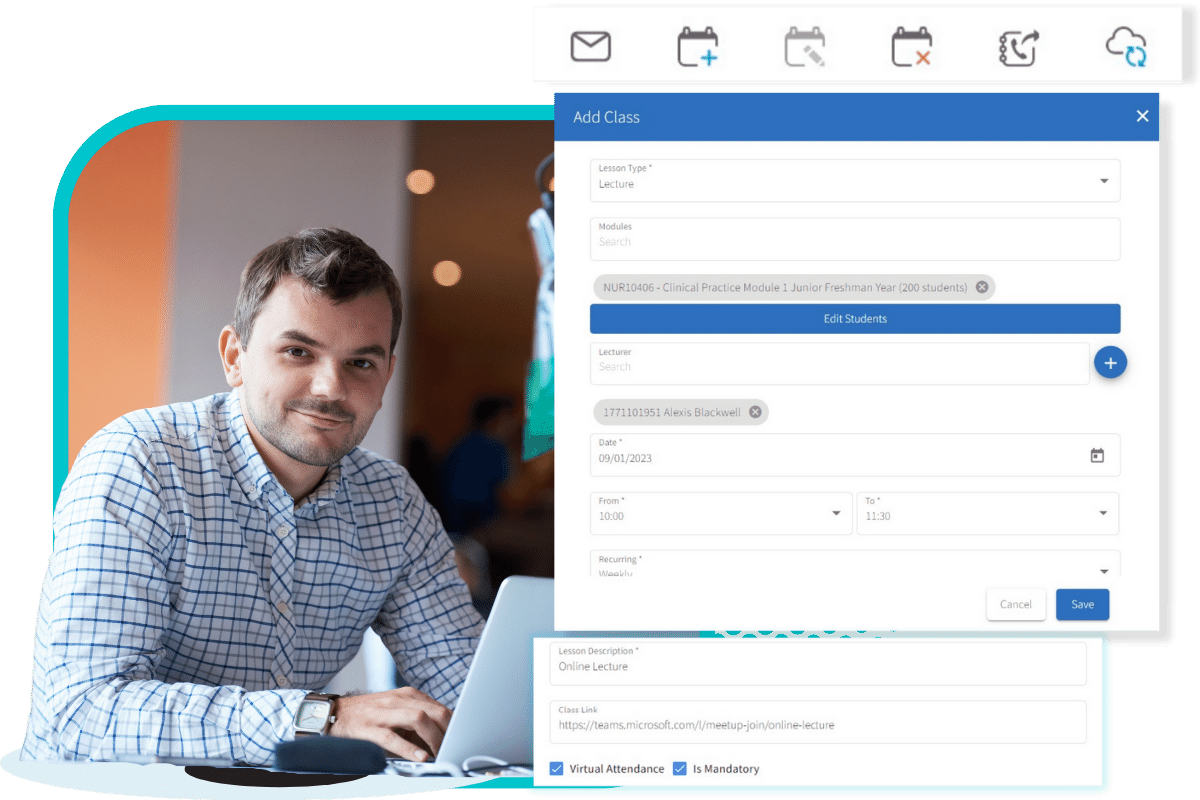 Timetable manager scheduling online classes with Microsoft Teams links.