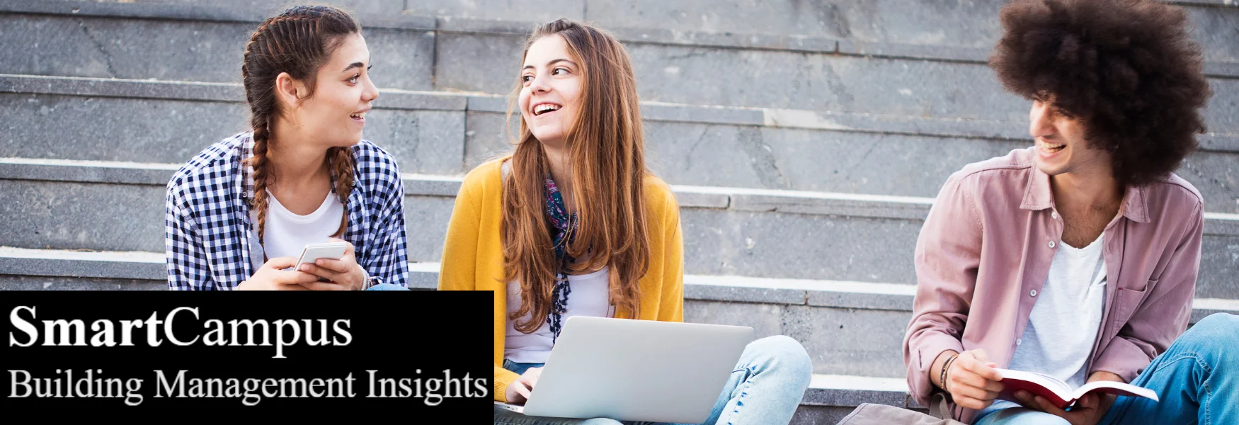 Students on their campus steps with new technology.