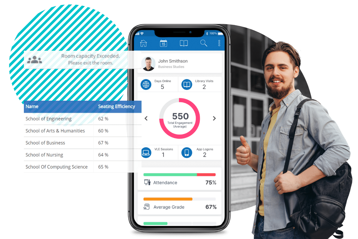 Manlig student går in i universitetsbyggnad med SEAtS Mobile App-varning för rumskapacitet och procentandelar för sittplatseffektivitet