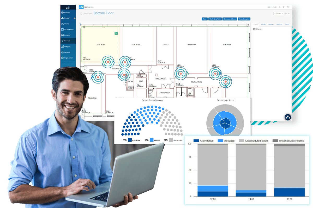 University IT administrator and campus planner creating matrix of virtual Bluetooth beacons and space utilisation metrics