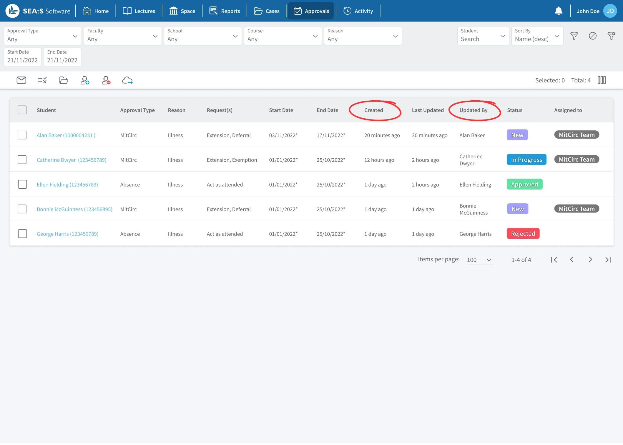 Nouvelle interface utilisateur Tableau de bord des circonstances atténuantes