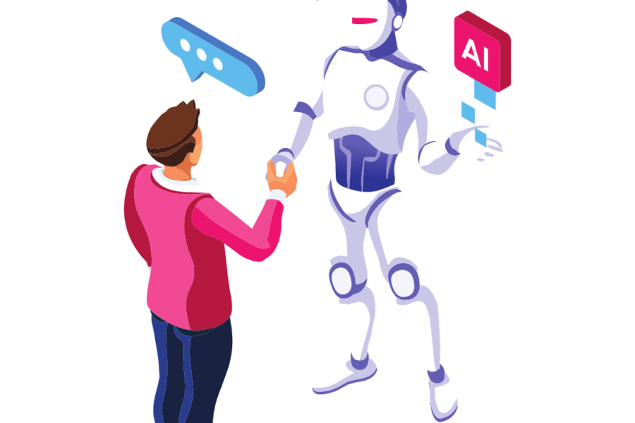 Homme serrant la main d'un robot. Il s'agit de l'adaptation de l'homme à l'intelligence artificielle.